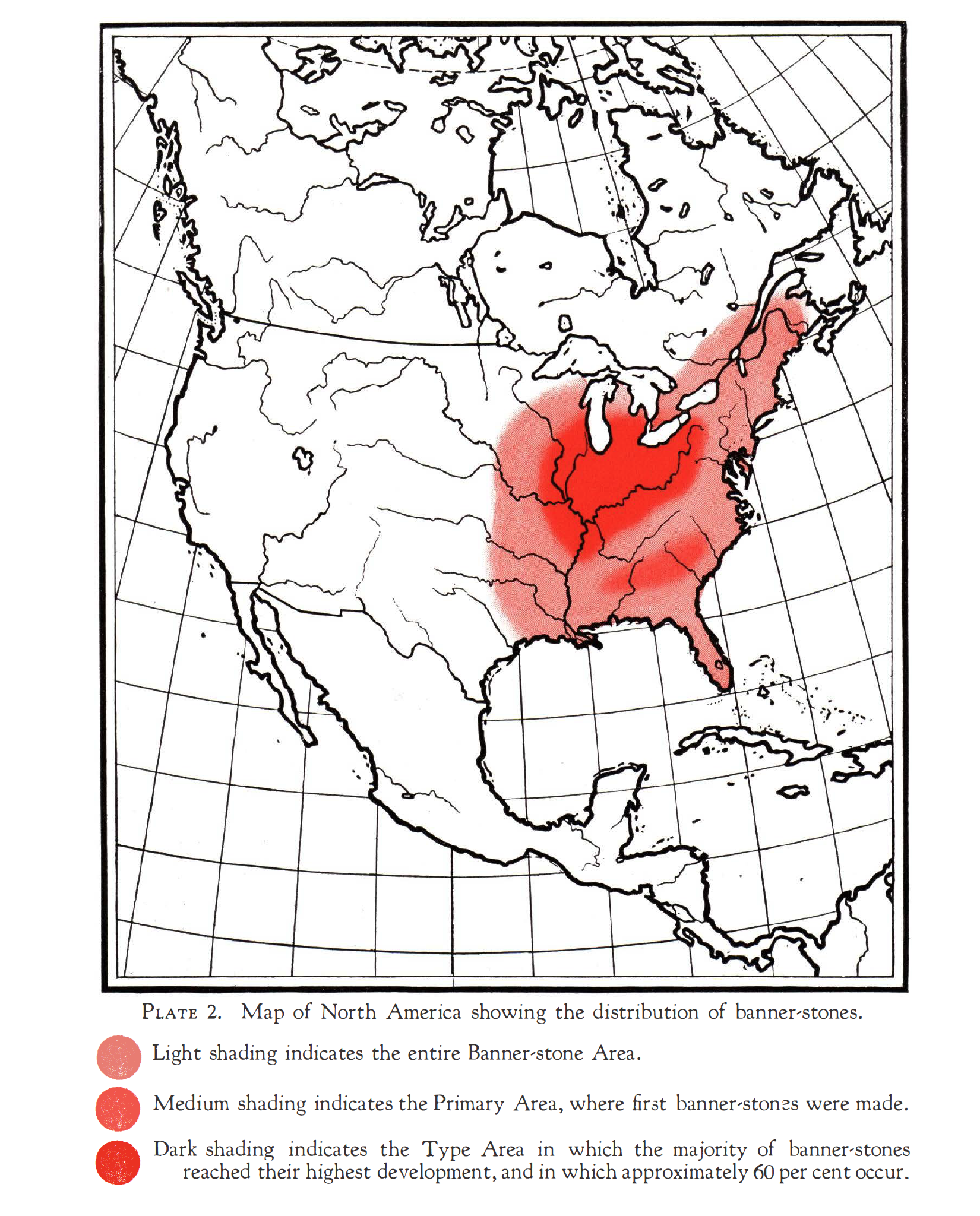 Map of North America showing the distribution of banner-stones